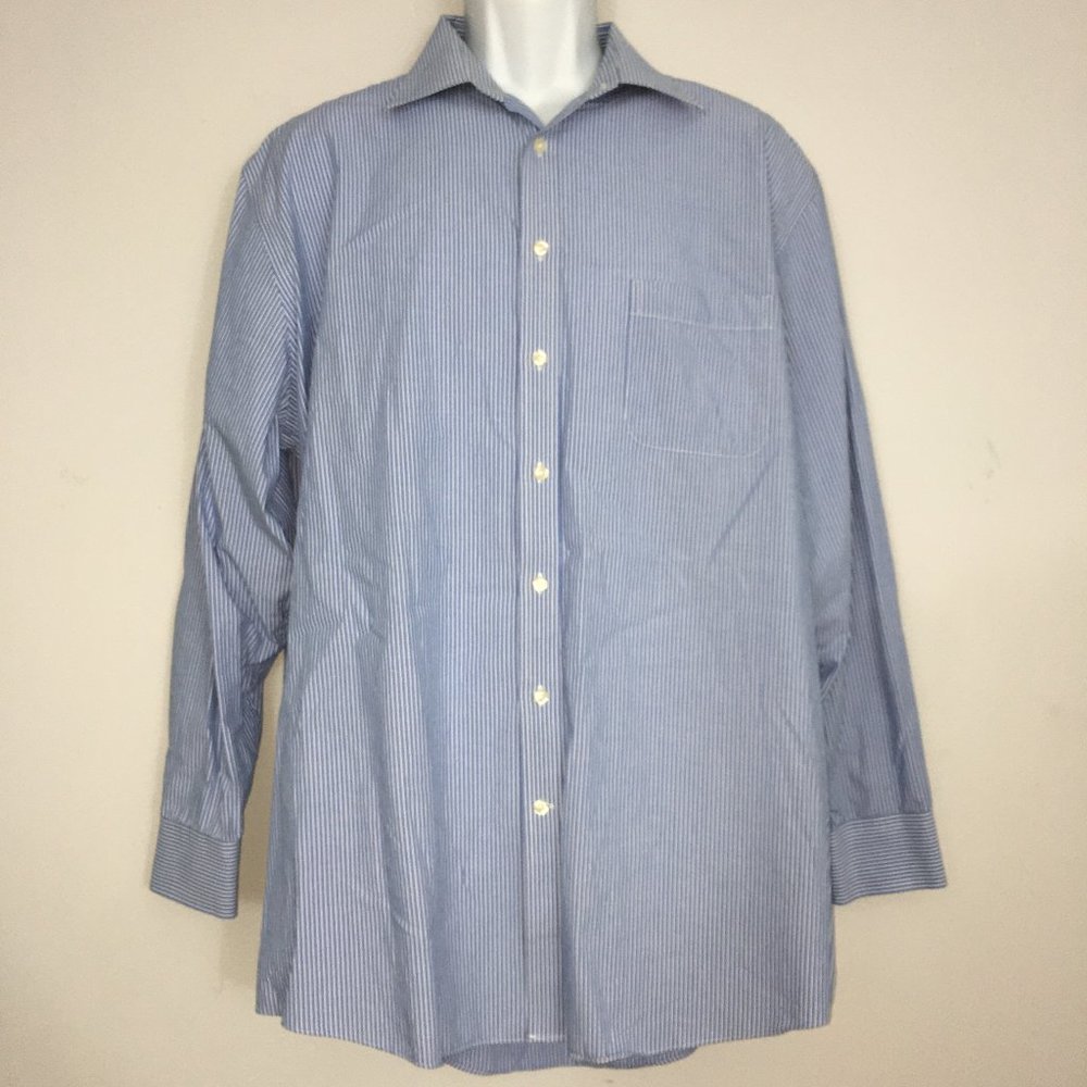 Stafford Mens 17.5 34-35 Blue White Striped Regular 100% Cotton Easy Care Shirt